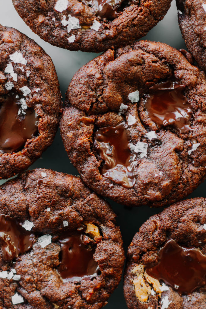 Salted Double Chocolate Peanut Butter Stuffed Cookie Cups - The Sweet ...