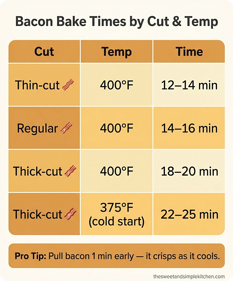 Bacon Bake Times by Cut & Temp