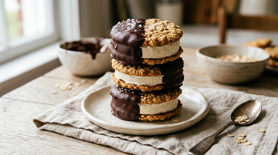 Easy Chocolate Dipped Oatmeal Ice Cream Sandwiches Recipe