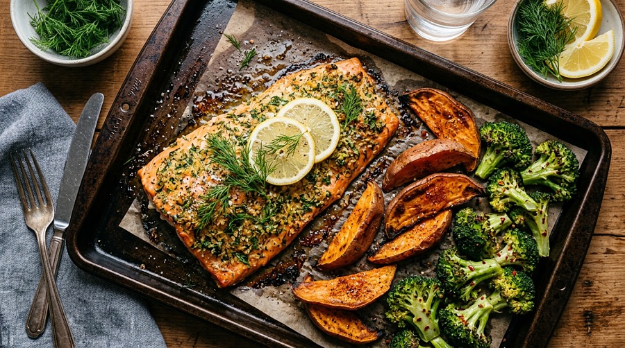 Recipe: Herb-Crusted Baked Salmon with Roasted Sweet Potatoes
