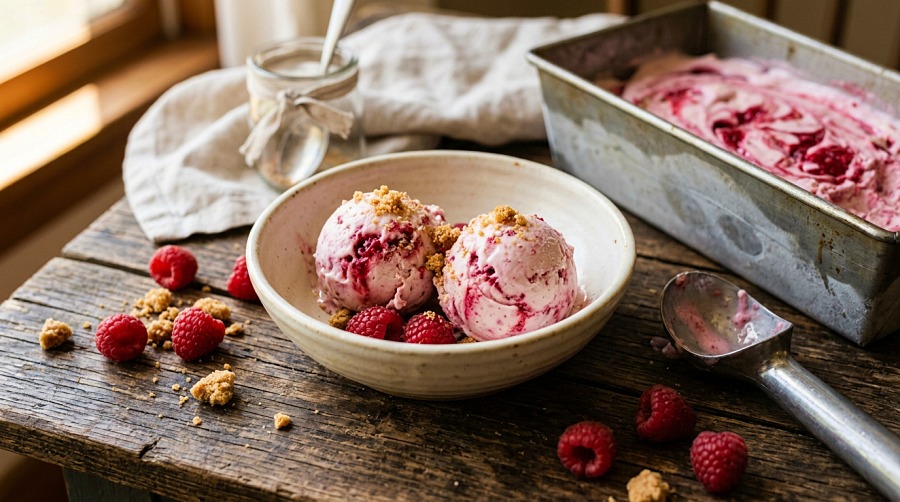 No Churn Raspberry Crisp Ice Cream Recipe