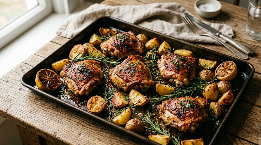 Sheet Pan Lemon Herb Thighs with Potatoes