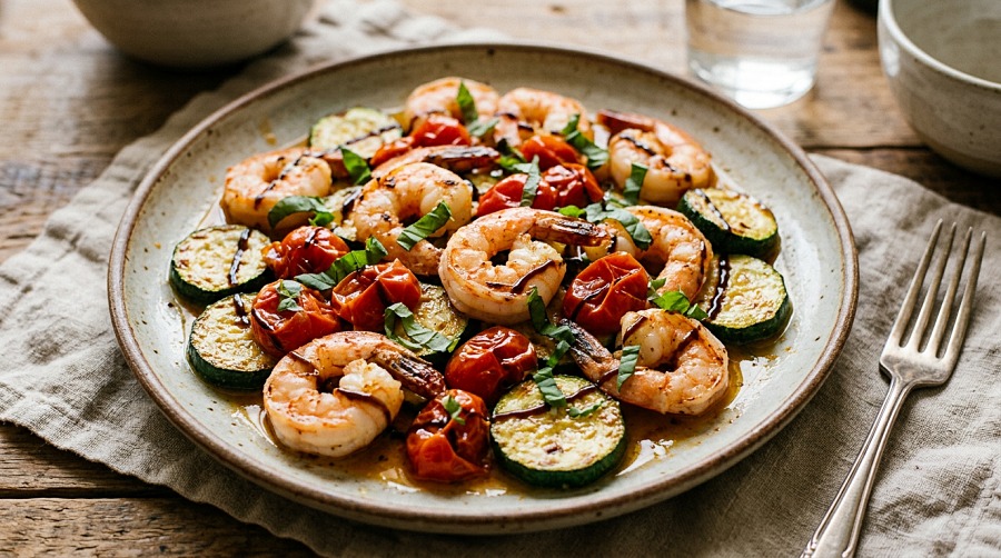 Shrimp and Zucchini with Burst Tomatoes