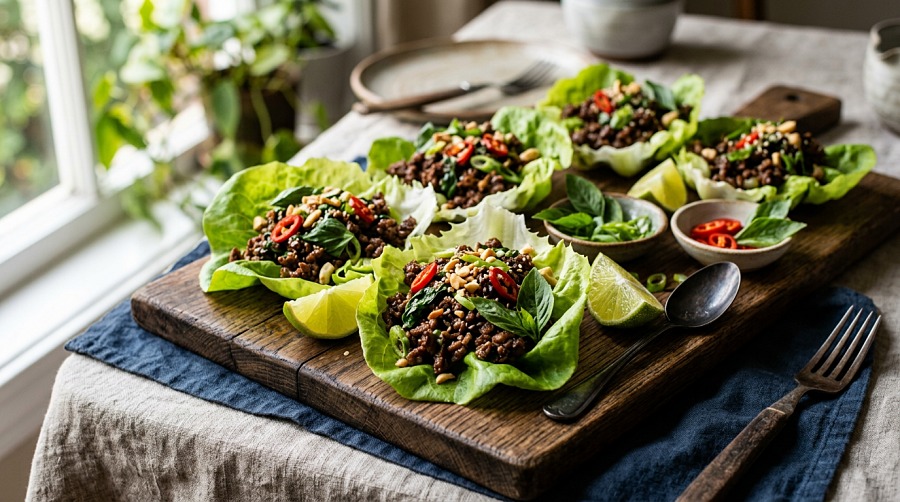 Thai Basil Beef Lettuce Wraps