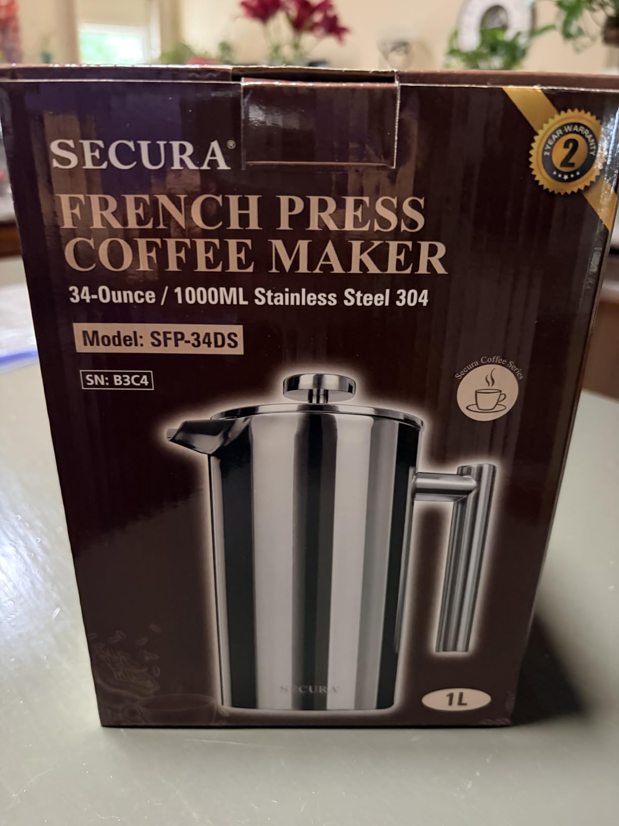 Secura French Press Coffee Maker, 304 Grade Stainless Steel Insulated Coffee Press with 2 Extra Screens, 34oz (1 Litre), Silver customer photo 1