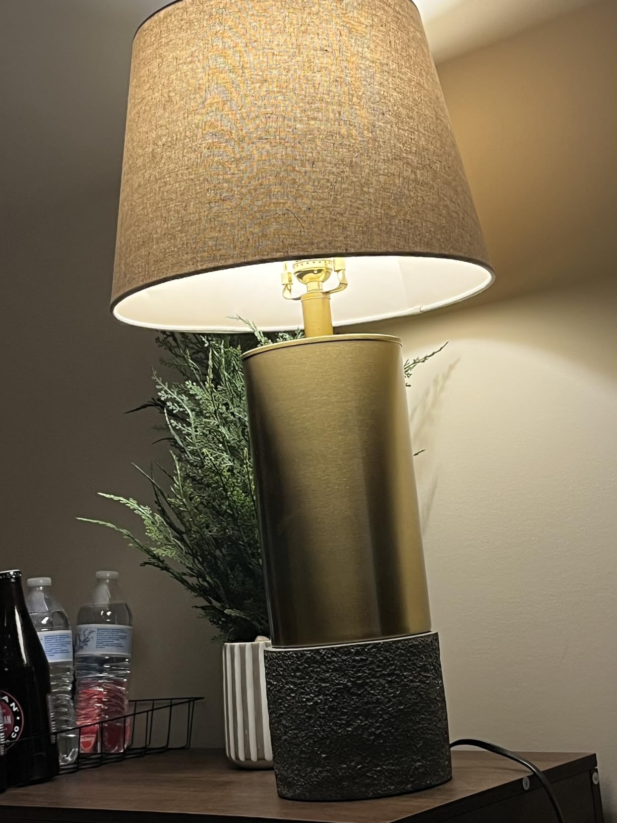 Signature Design by Ashley Jacek Contemporary Table Lamp Set of 2 | Textured faux concrete and brass-finished metal, Black drum shade with goldtone foil interior, Living room and bedside use customer photo 1