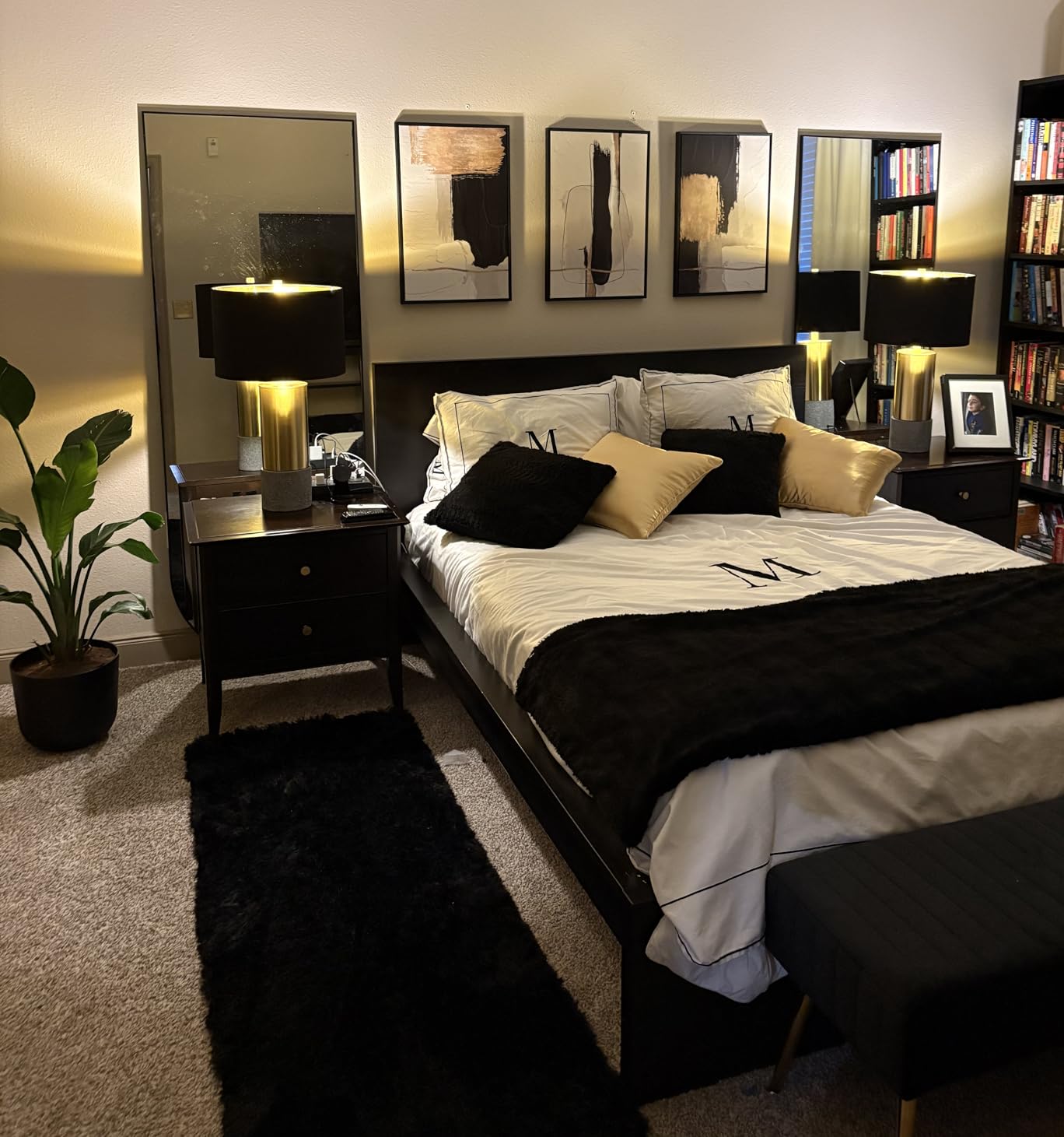 Signature Design by Ashley Jacek Contemporary Table Lamp Set of 2 | Textured faux concrete and brass-finished metal, Black drum shade with goldtone foil interior, Living room and bedside use customer photo 2