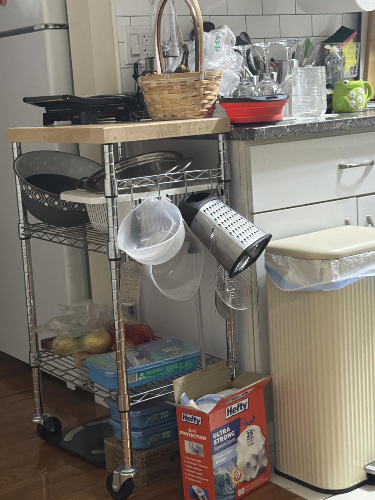 Amazon Basics Portable Kitchen 3-Tier Storage Rack on Caster Wheels with Adjustable 2 Shelves, 175 Pound Capacity, 21 x 15 x 36.7 inches (LxWxH), Wood/Chrome customer photo 1