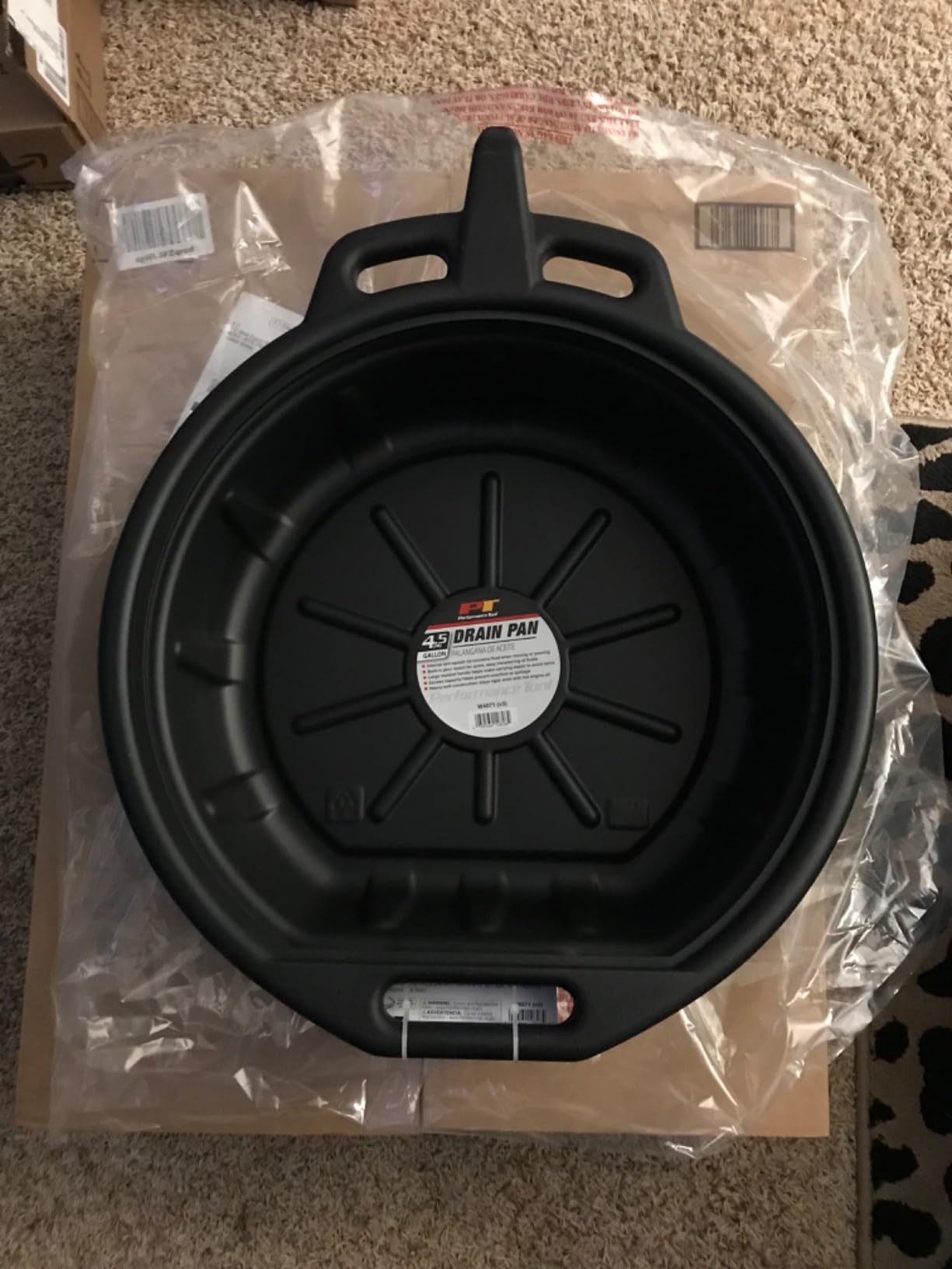Performance Tool W4071 4.5 Gallon Black Oil Drain Pan | Automotive oil and coolant catch pan. Features internal anti-splash lip, pour spout and molded handle customer photo 2