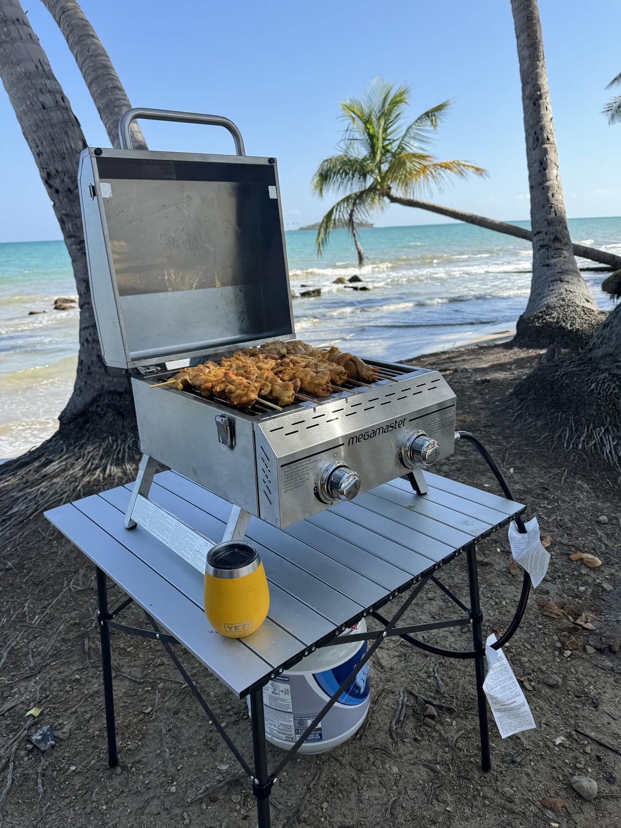 Megamaster Tabletop 2 Burner Gas Grill, Stainless Steel with Foldable Legs | Offers 16000 BTU, Built-In Thermometer, 199 Sq In Cooking Space, Use with Standard 20 lb tank, For Camping & Tailgating customer photo 2