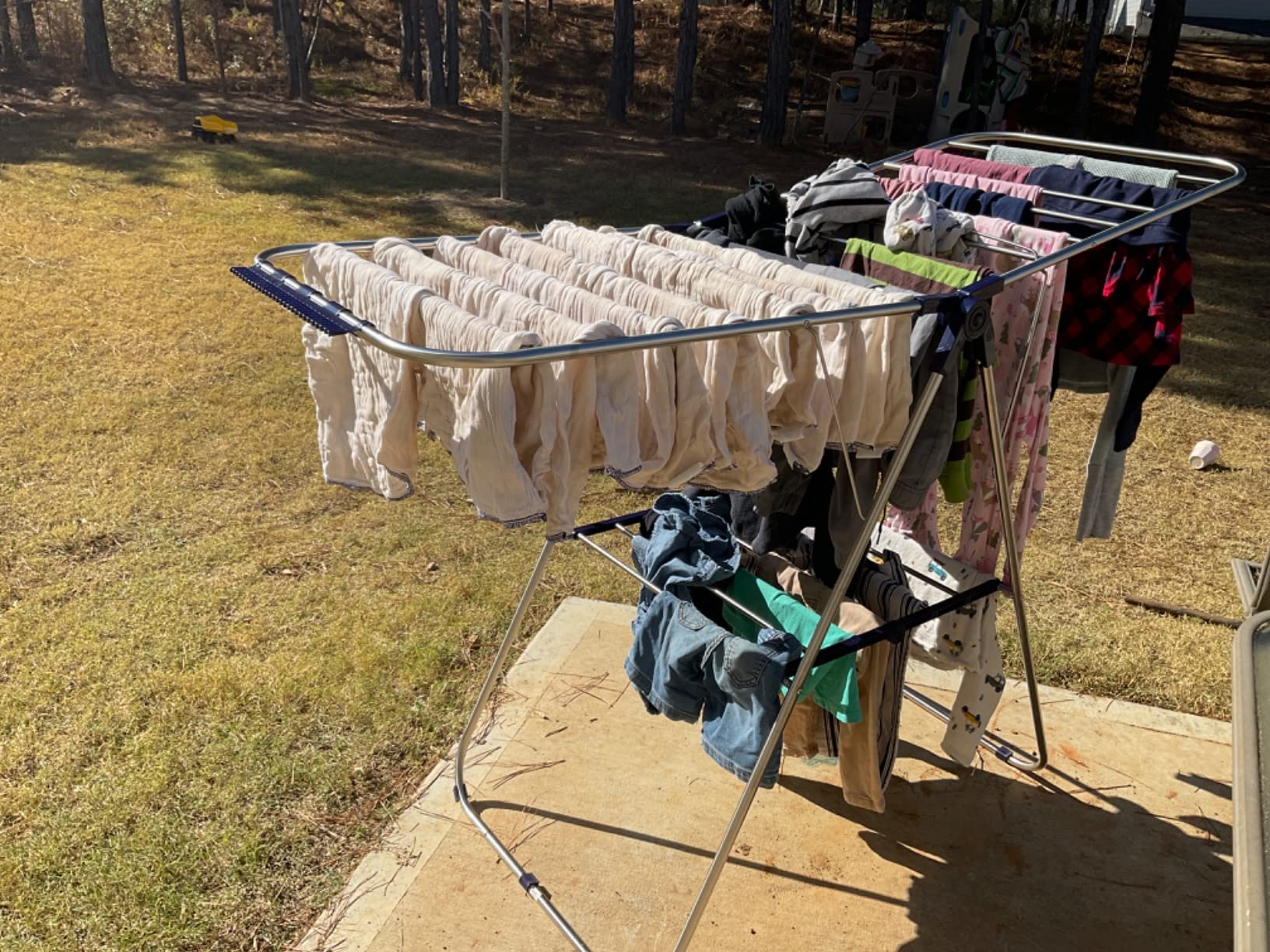 SONGMICS Clothes Drying Rack, Foldable 2-Level Steel Laundry Drying Rack | Floor-Standing Airer, 4 Height-Adjustable Gullwings, Sock Clips, Silver and Blue, BUNJI Collection ULLR53BU customer photo 2