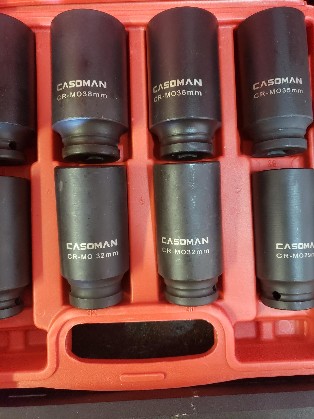 CASOMAN 1/2-Inch Drive Deep Spindle Axle Nut Impact Socket Set, 12-Point, Metric, CR-MO, 29, 30, 32, 34, 35, 36, 38, 39mm, 8-Piece 1/2