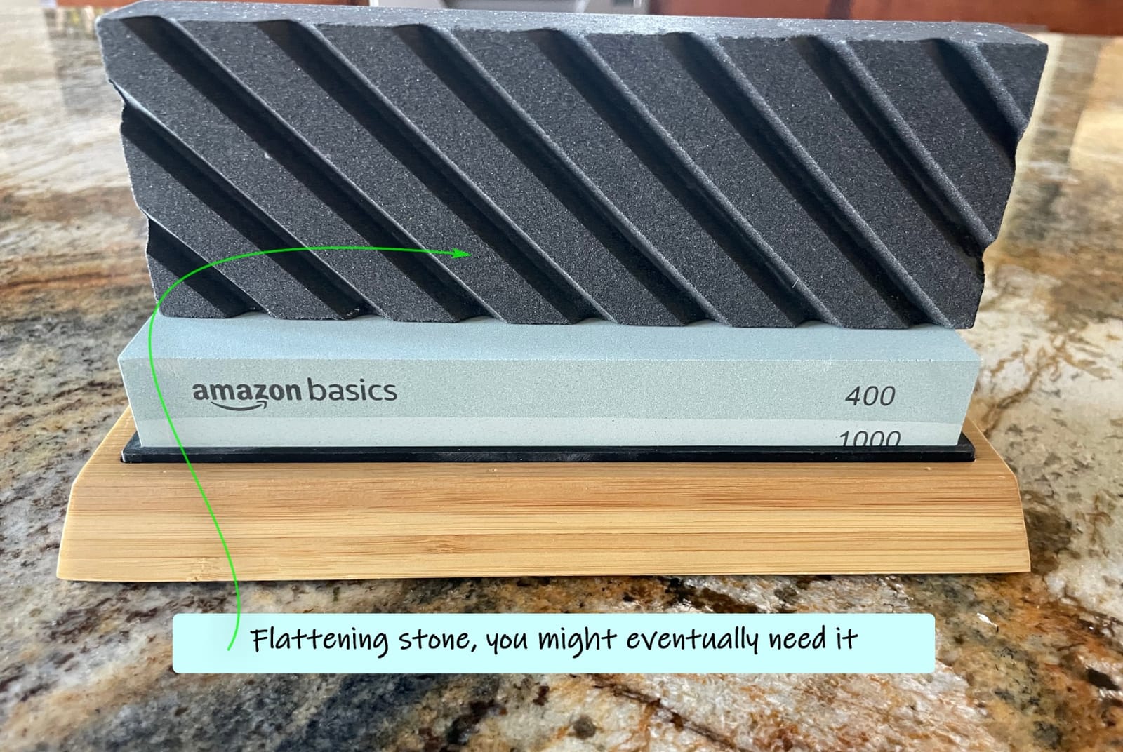 Amazon Basics Whetstone Knife Sharpening Stone Set, Double-sided 400/1000 and 3000/8000 Grit Stones with Angle Guide, Non-Slip Bamboo Base customer photo 2