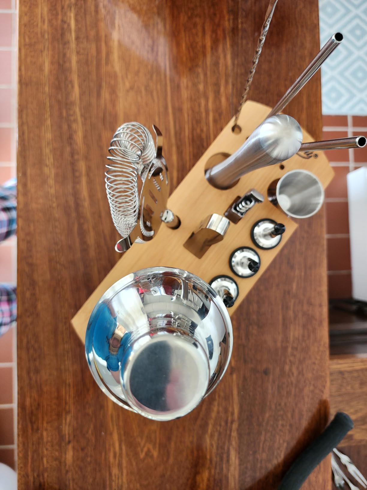 KITESSENSU Cocktail Shaker Set Bartender Kit with Stand | Bar Set Drink Mixer Set with All Essential Accessory Tools: Martini Shaker, Jigger, Strainer, Mixer Spoon, Muddler, Liquor Pourers |Silver customer photo 2