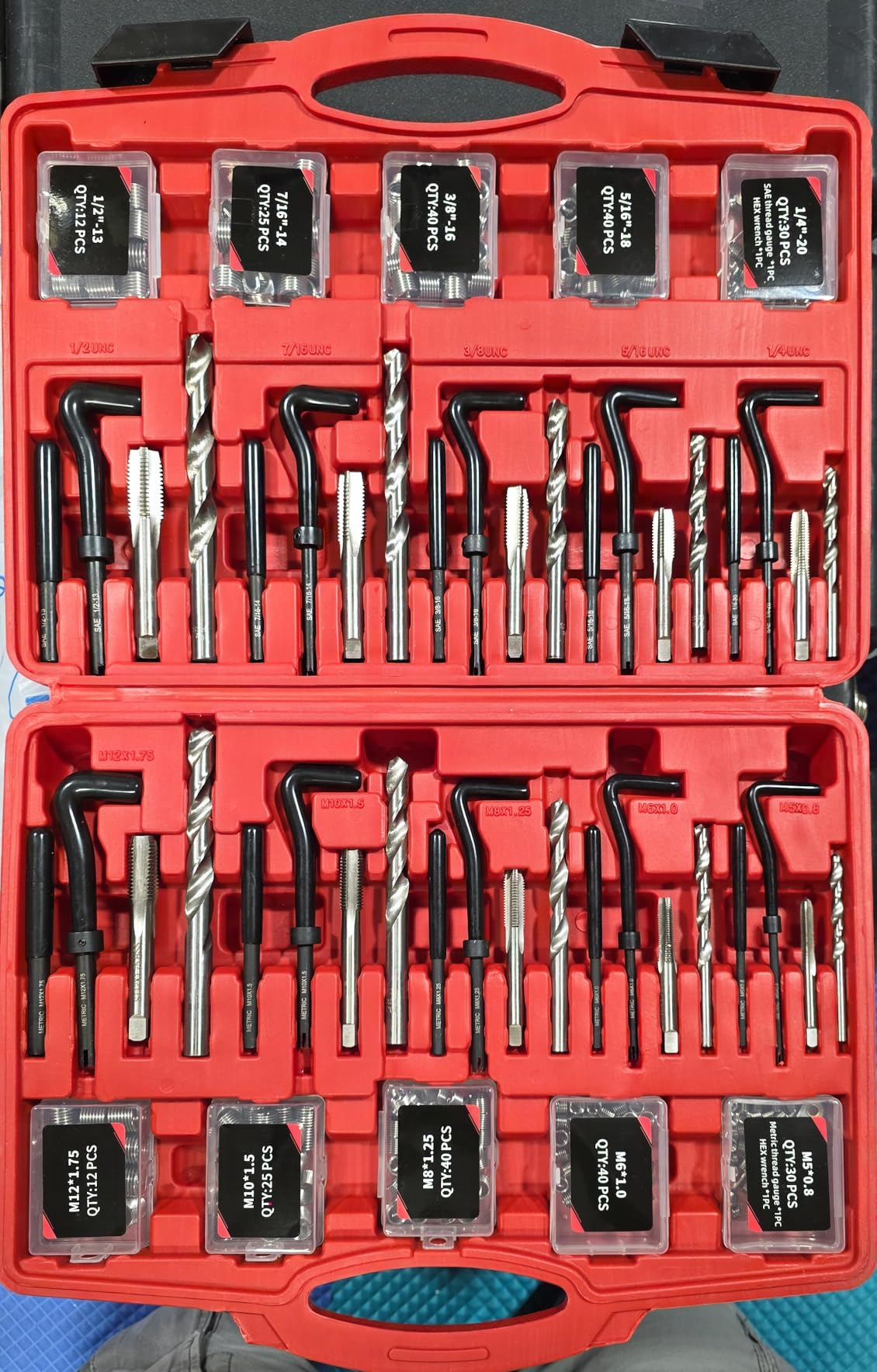 AKM 338Pc Thread Repair Kit, HSS Drill Helicoil Repair Kit SAE&Metric, 1/4