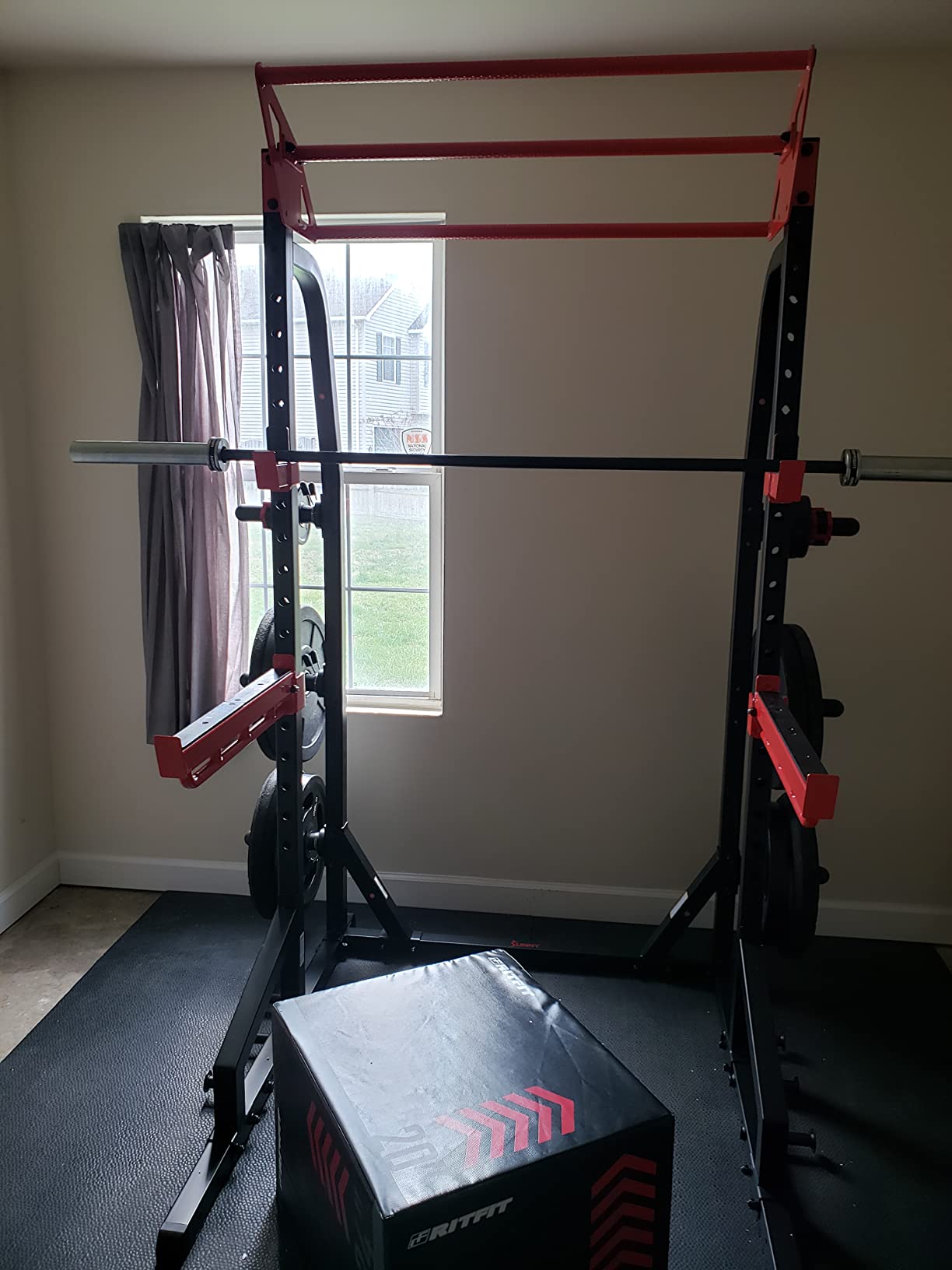 Sunny Health & Fitness Half Rack Cage with Adjustable Pull-Up Bar | 1000 lb Capacity, J-Hooks & Spotter Arms, 3-Way Pull-Up Bars, 7 ft Barbell Ready, 6 Plate Posts, Band Pegs, Bolt Anchors customer photo 1