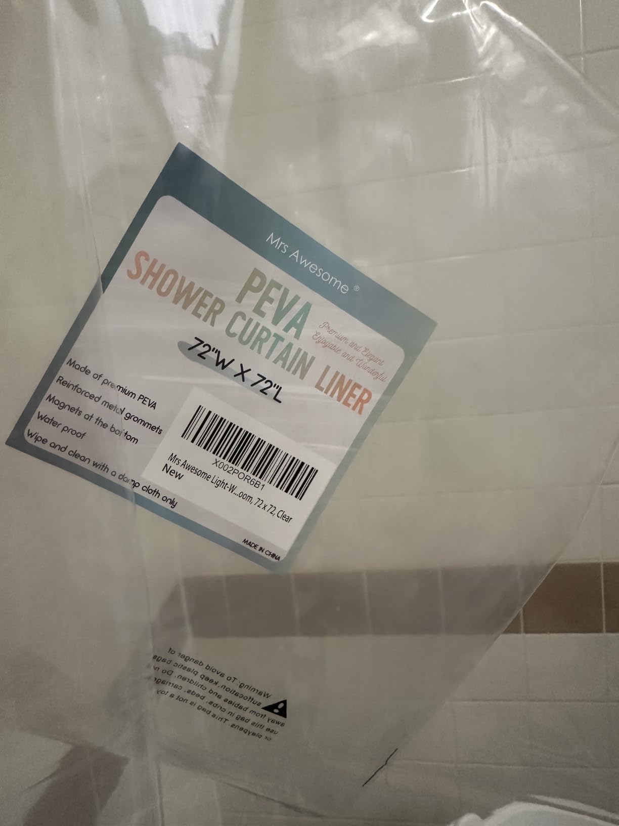 Mrs Awesome Clear Shower Curtain Liner with 3 Magnets, 72x72 customer photo 1