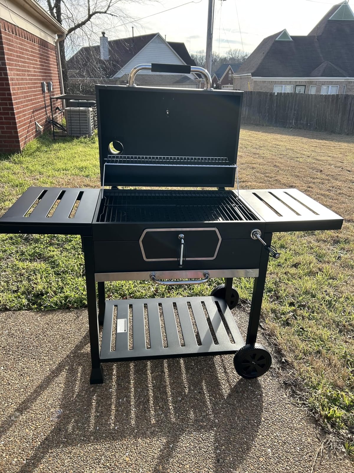 Royal Gourmet CD2030AN Deluxe 30-Inch Charcoal Grill, Collapsible Tables, Large BBQ Smoker, Crank Handle, Front Charcoal Access Door, Temperature Gauge, Picnic Camping Patio Backyard Cooking, Black customer photo 1