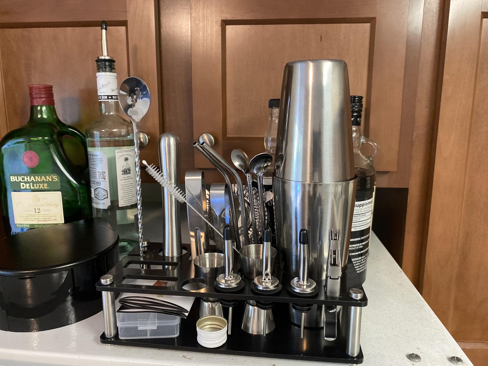 KINGROW Cocktail Shaker Set, 23 Piece Bartender Kit with Stand Silver | Boston bar set prevent rust, no leaks, dishwasher safe, 4 whiskey stones, for home bar party gift, recipe book for beginners customer photo 1