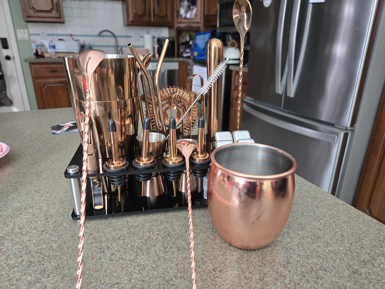 KINGROW Cocktail Shaker Set, 23 Piece Bartender Kit with Stand Silver | Boston bar set prevent rust, no leaks, dishwasher safe, 4 whiskey stones, for home bar party gift, recipe book for beginners customer photo 2