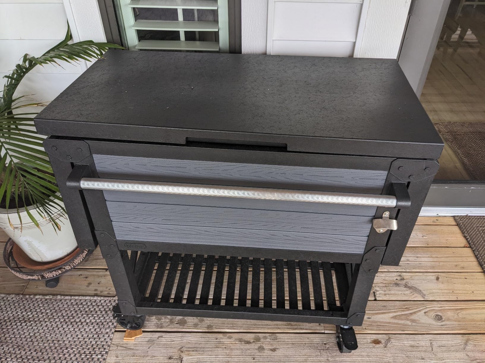 Keter 89.8 Qt Portable Outdoor Patio Cooling Chest, Graphite | Cooler Chest Beverage Party Bar Cart Table with Swivel Wheels, Shelves, and Bottle Opener customer photo 1