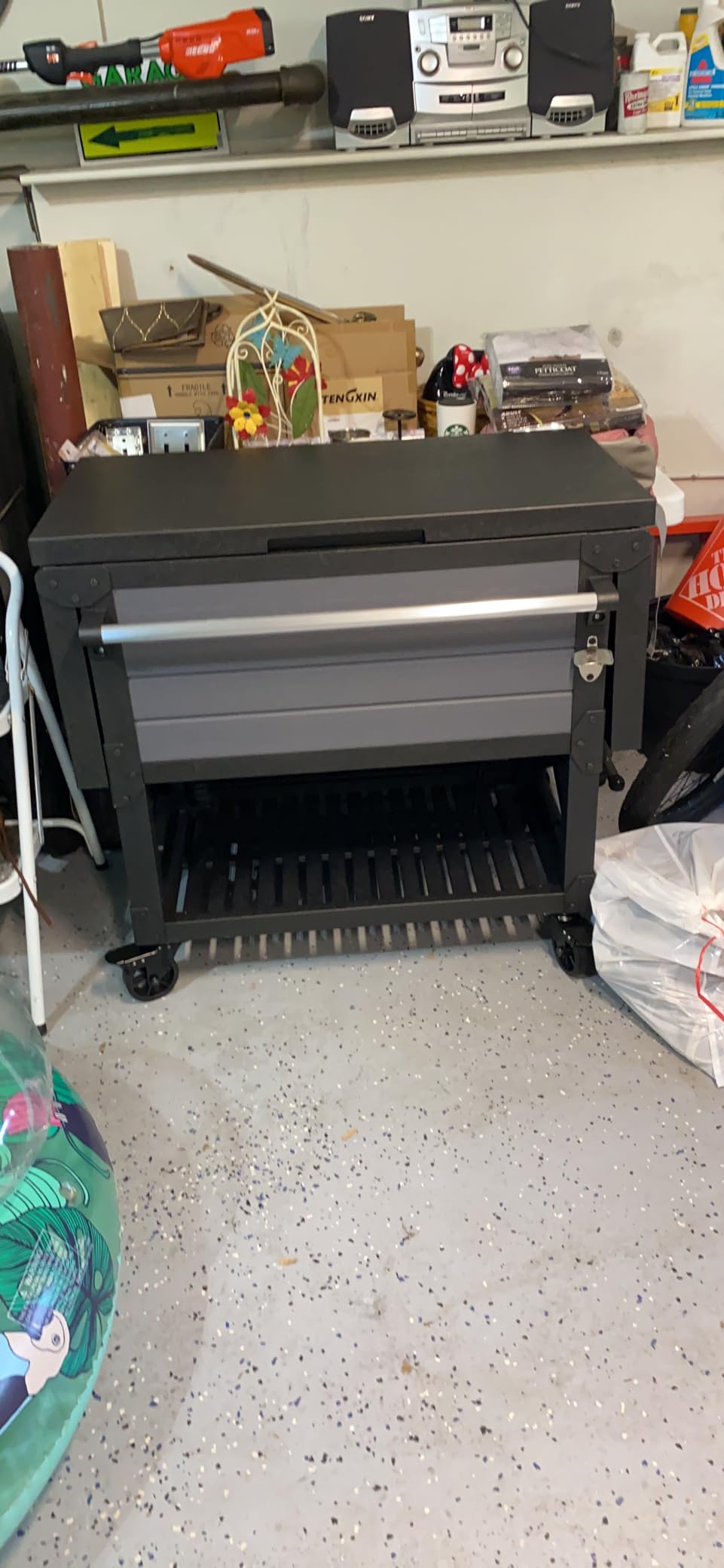 Keter 89.8 Qt Portable Outdoor Patio Cooling Chest, Graphite | Cooler Chest Beverage Party Bar Cart Table with Swivel Wheels, Shelves, and Bottle Opener customer photo 2