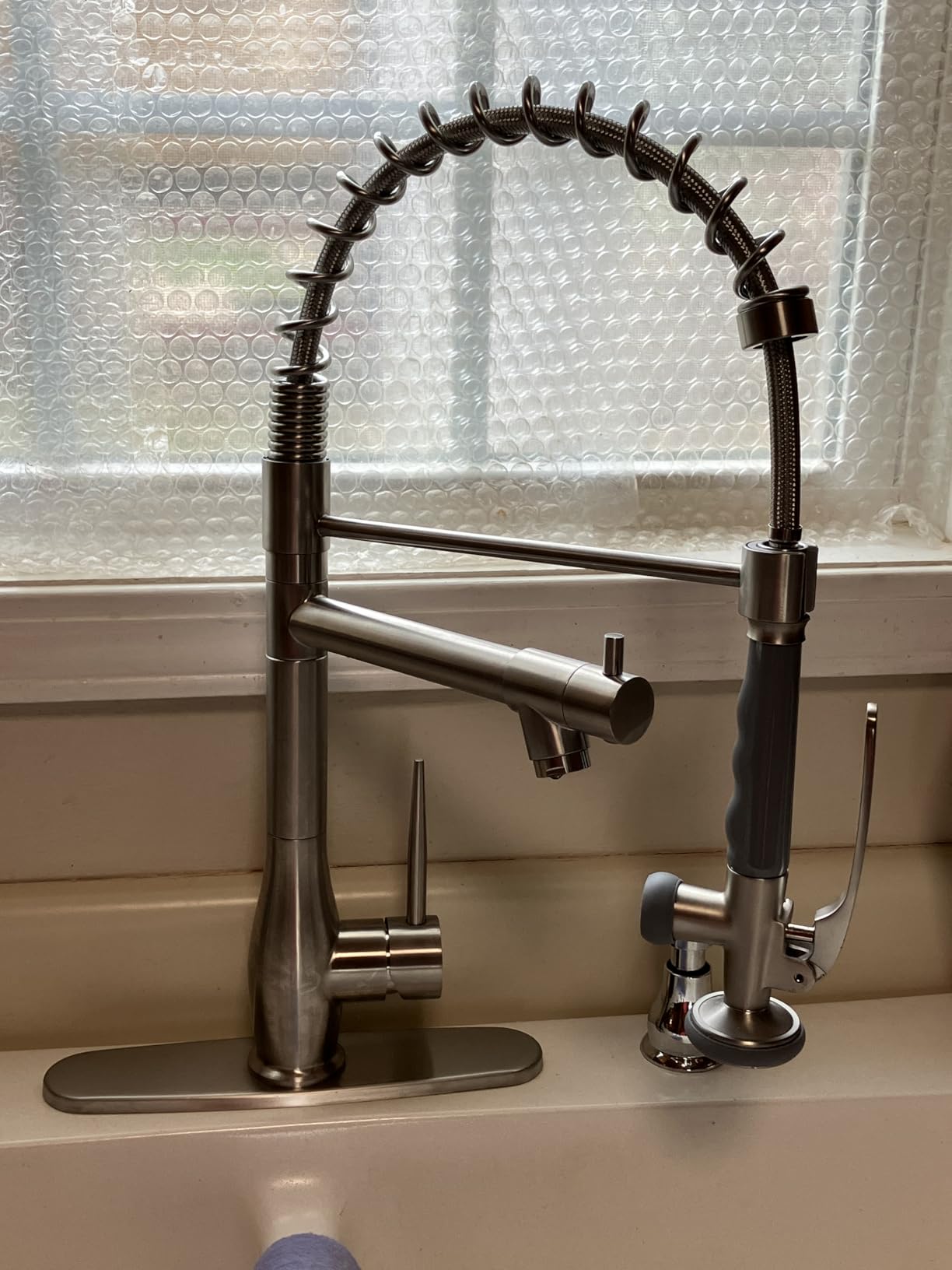 GIMILI Commercial Kitchen Sink Faucet with Pull Down Sprayer Brushed Nickel, High Pressure Double Headed Spray, Stainless Steel Construction, Single Handle Control, Deck Plate Included customer photo 2