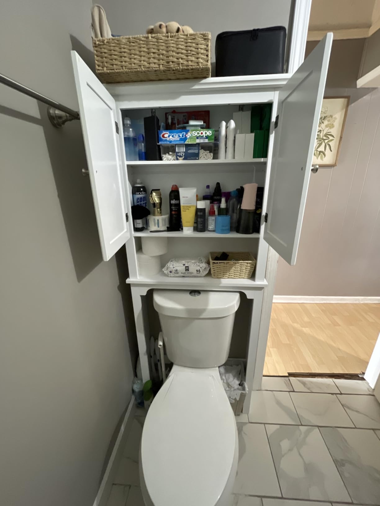 UTEX Over The Toilet Storage Cabinet, White Bathroom Organizer with Doors | FSC-Certified MDF, Adjustable Shelves, Anti-Tip Bracket, 34'' Toilet Clearance, Hidden & Open Storage for Toiletries, Towels customer photo 1