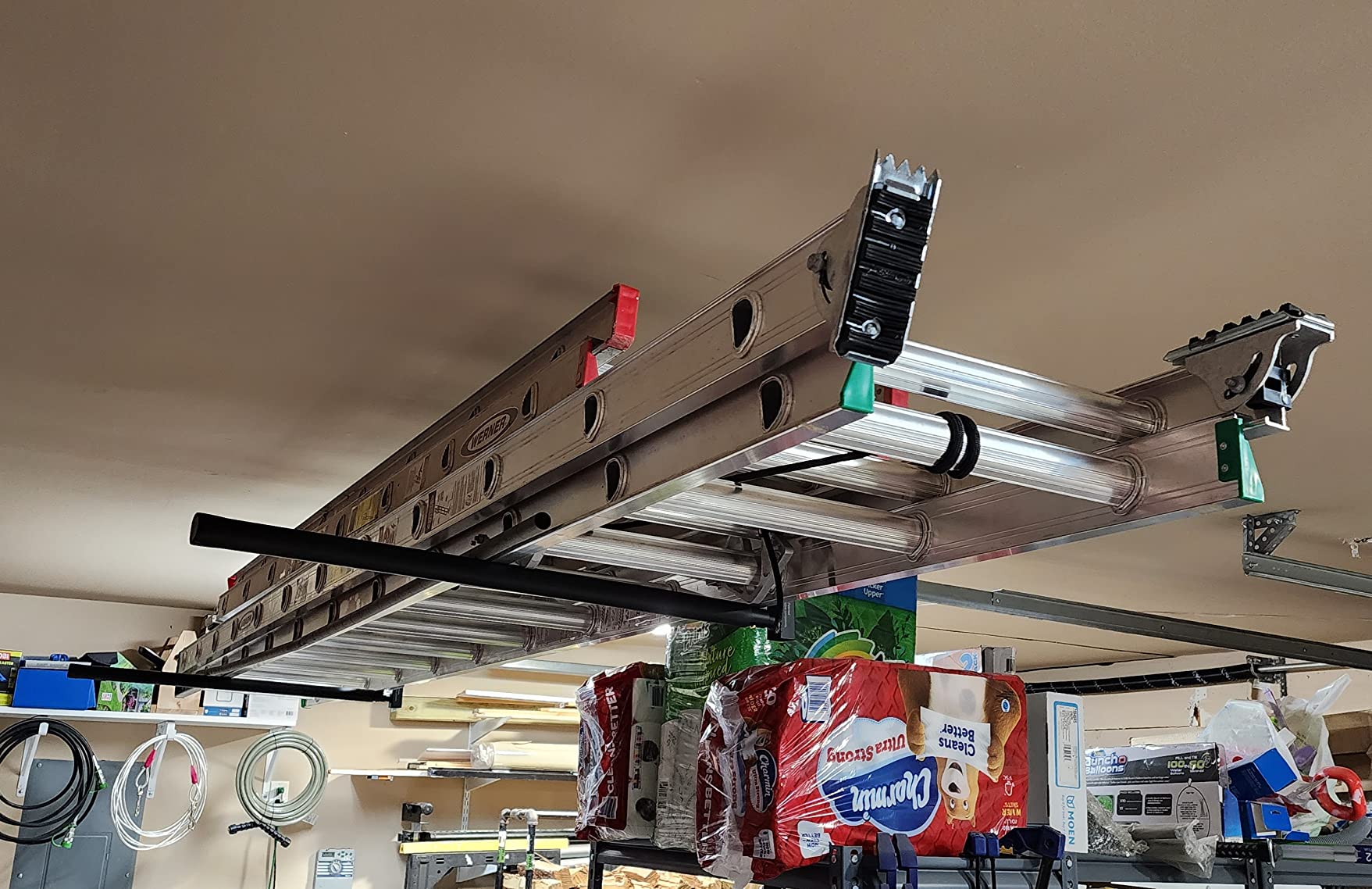 StoreYourBoard Adjustable Overhead Ladder Rack - Garage Organizer Ladder Shelf for Step & Extension Ladders - Storage Racks and Shelving for Garage Organization - Ceiling Mounted - Holds 75 lbs customer photo 1