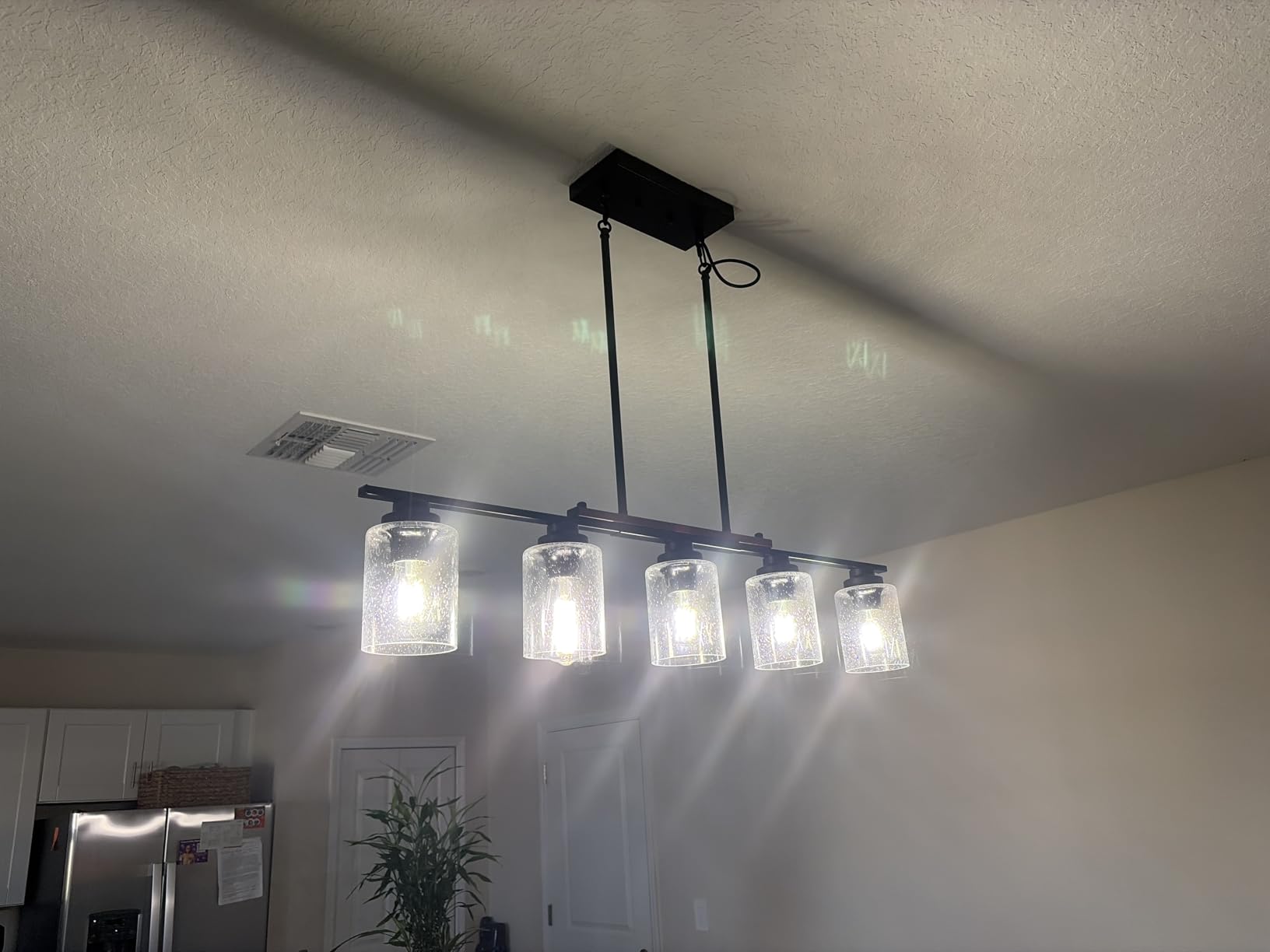 Amico 4-Light Dining Room Light Fixture, Seeded Glass Island Chandelier | Farmhouse Adjustable Rods Black Metal & Wood, Kitchen Island Pendant Light, Dining Room, Bubble Glass Shade customer photo 2
