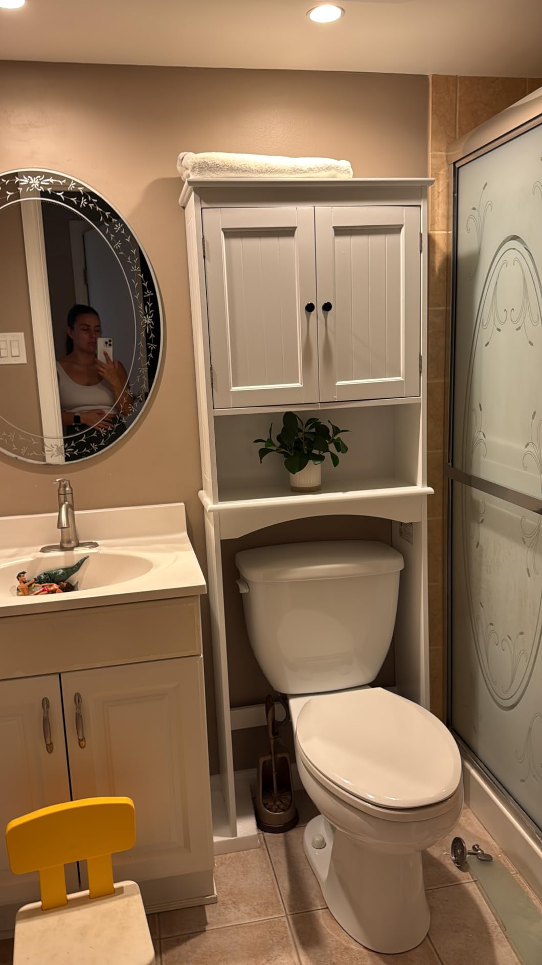 Gizoon Over the Toilet Storage Cabinet with Adjustable Shelf, White | Bathroom Space Saver Organizer Above Toilet with Open Shelf and Double Doors, Taller Wooden Free Standing Toilet Rack customer photo 1