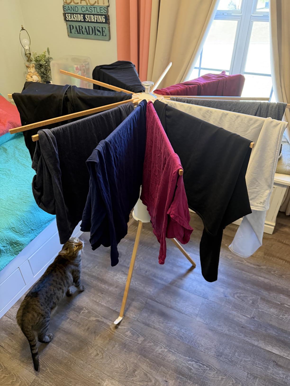 JOOM Clothes Drying Rack, Clothing Stand, Foldable Laundry Drying Rack, Portable clothes rack with wooden rods, plastic cylinder and tripod base for apartments, balconies, RVs, camping and travel customer photo 2