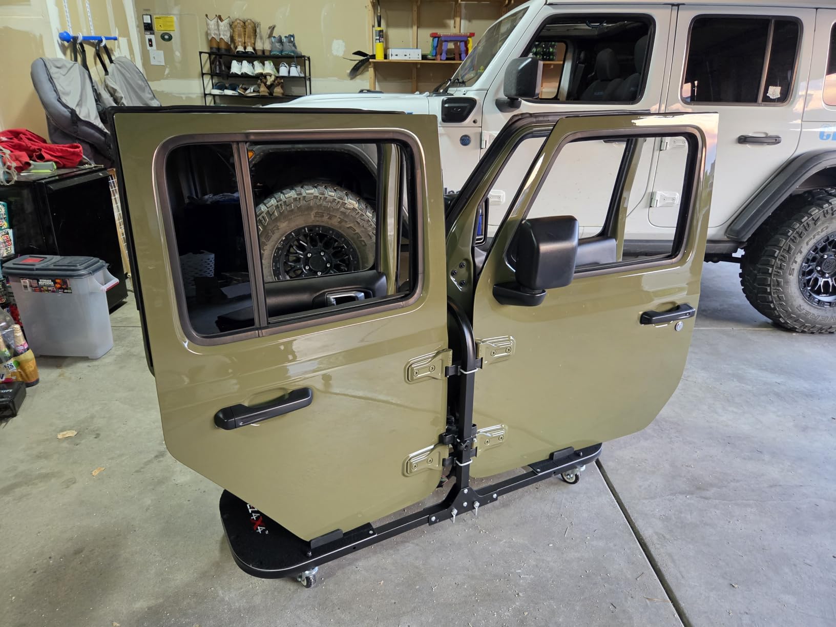 EZ4X4 Aluminum Black 4 Door Folding Rolling Door Cart, Storage Door Rack Holder Stand fits Jeep Wrangler JL JLU JK JKU TJ YJ and Gladiator JT Patented customer photo 2