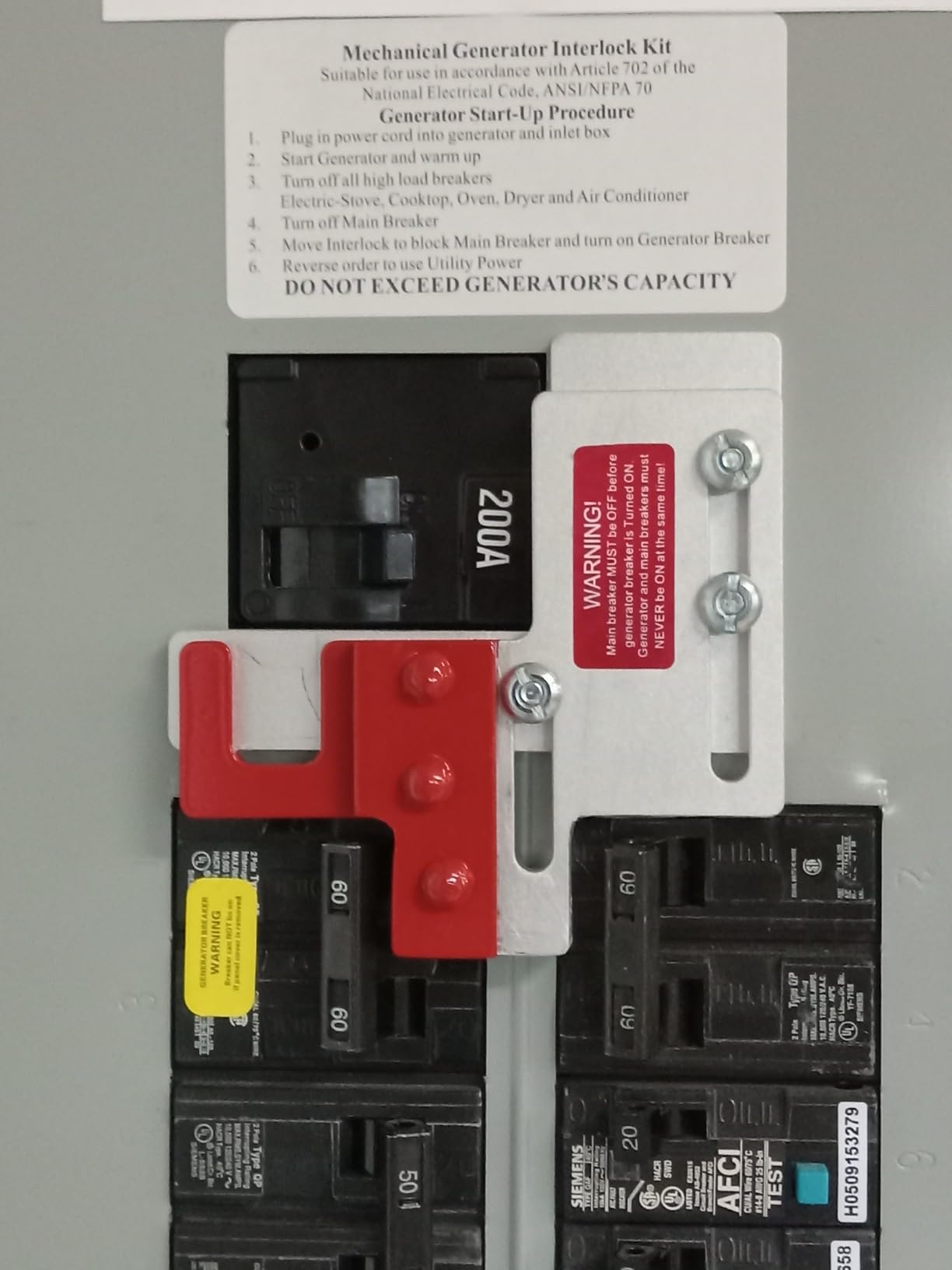 Generator Interlock Kit Compatible with Siemens Murray 150 or 200 Amp Panel | 7/8-1 1/4 inches Spacing Between Main and Branch Breakers customer photo 1