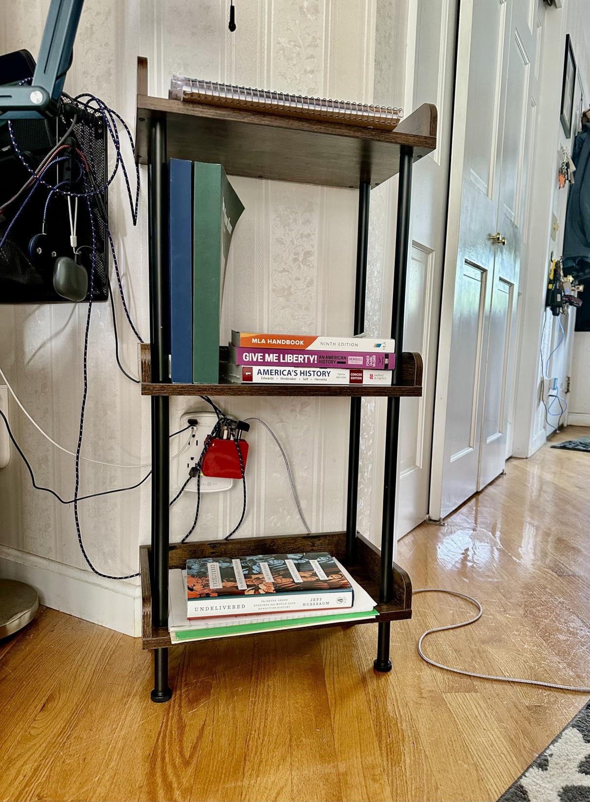 Hosfais Bookshelf Small Book Shelf 3 Tier Wood Bookcase | Industrial Bookshelf Metal Standing Book Shelves Display Book Rack with Edge Protection Living Room Bedroom Office (Brown) customer photo 1