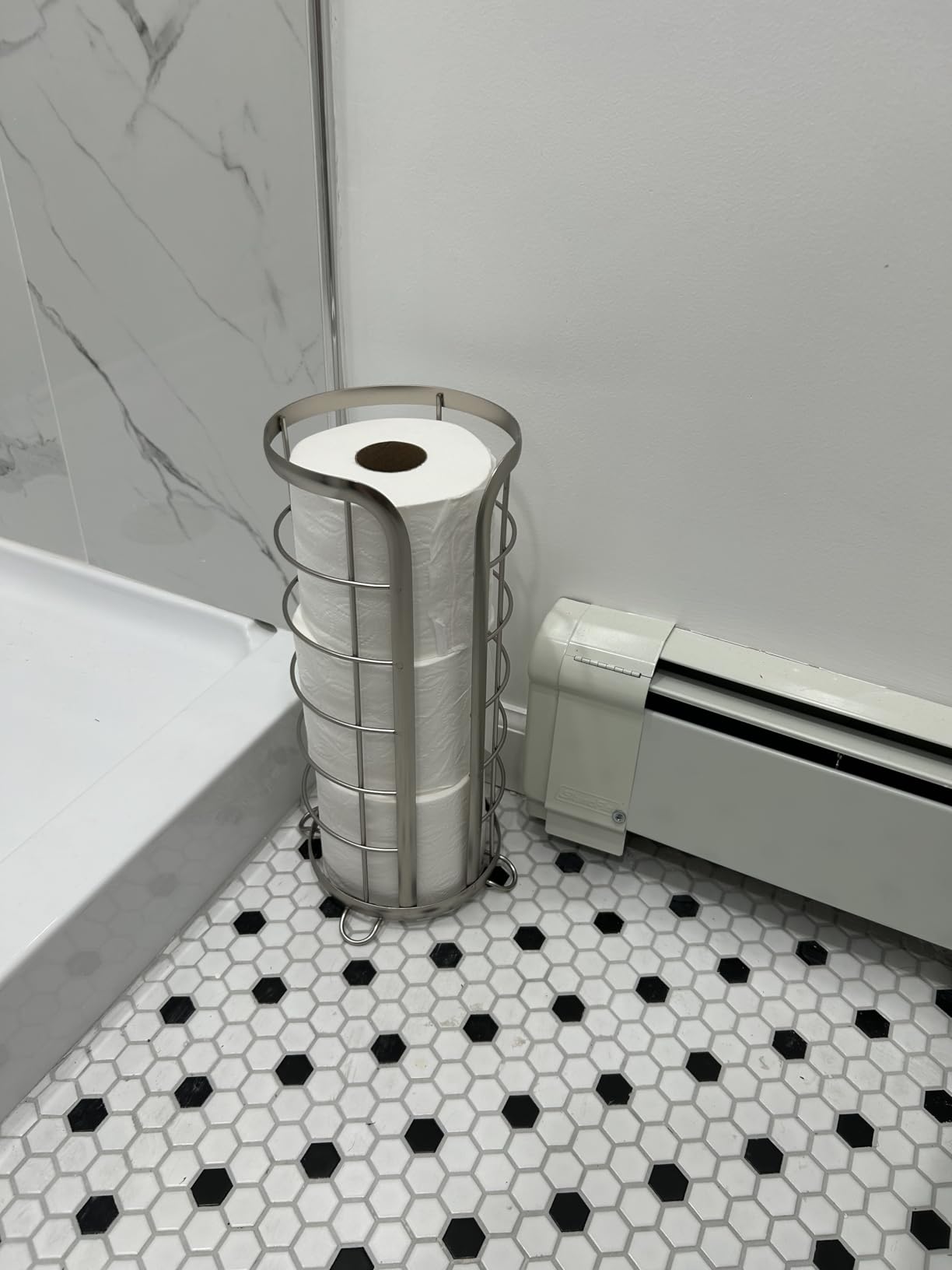 BROOKSTONE Toilet Paper Holder Stand Reserve - Free Standing Toilet Paper Stand with Storage that Holds Mega Rolls, Standing Bathroom Tissue Organizer, Bathroom Decor - Modern Storage Holder, Nickel customer photo 2