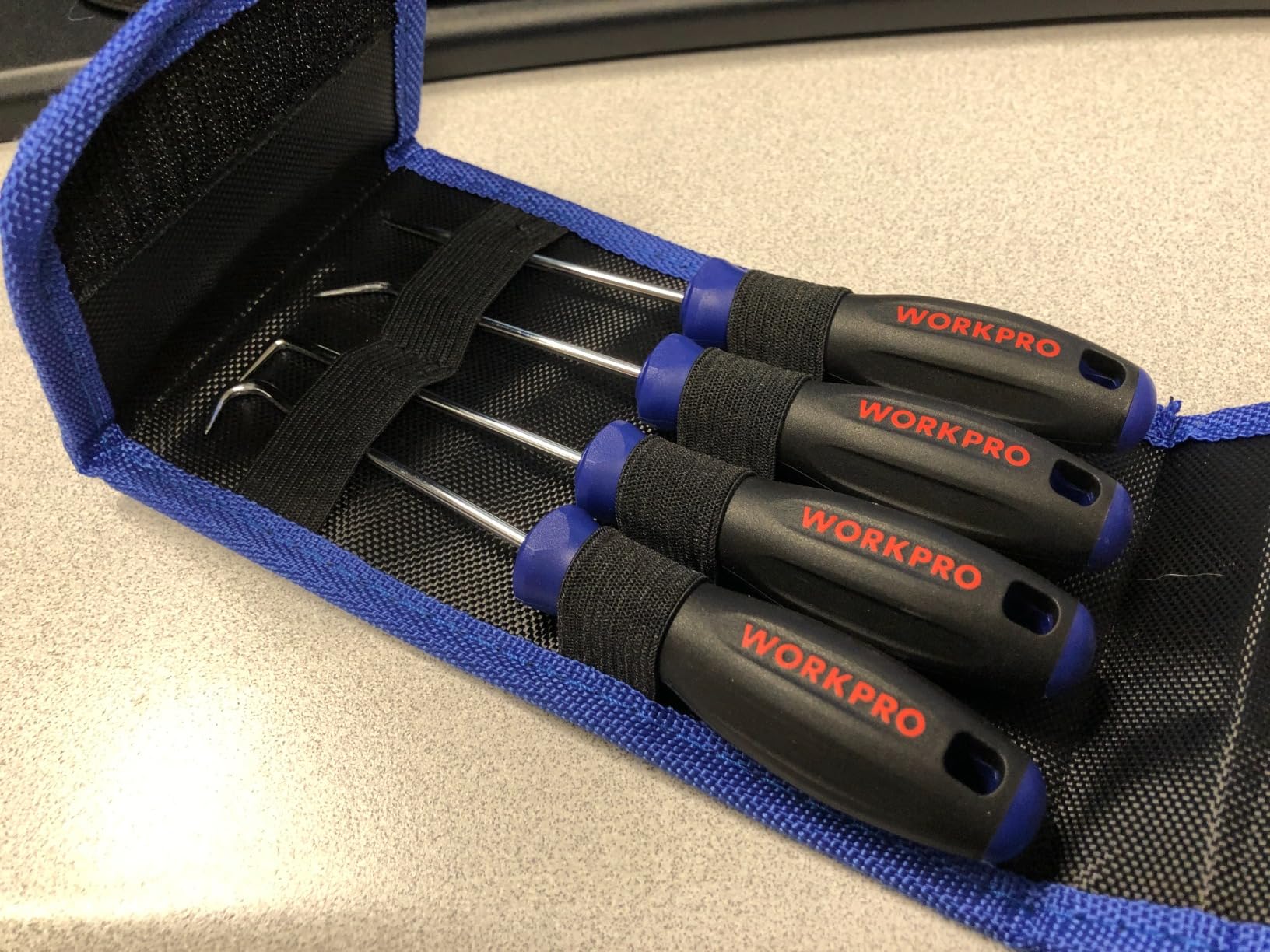 WORKPRO 4-Piece Precision Pick and Hook Set with Pouch, Angled Pick, Straight Pick, 90-degree Pick, Full Hook, Mini Pick Set Mechanic, Remove Small Fuses, Wire Plugs and