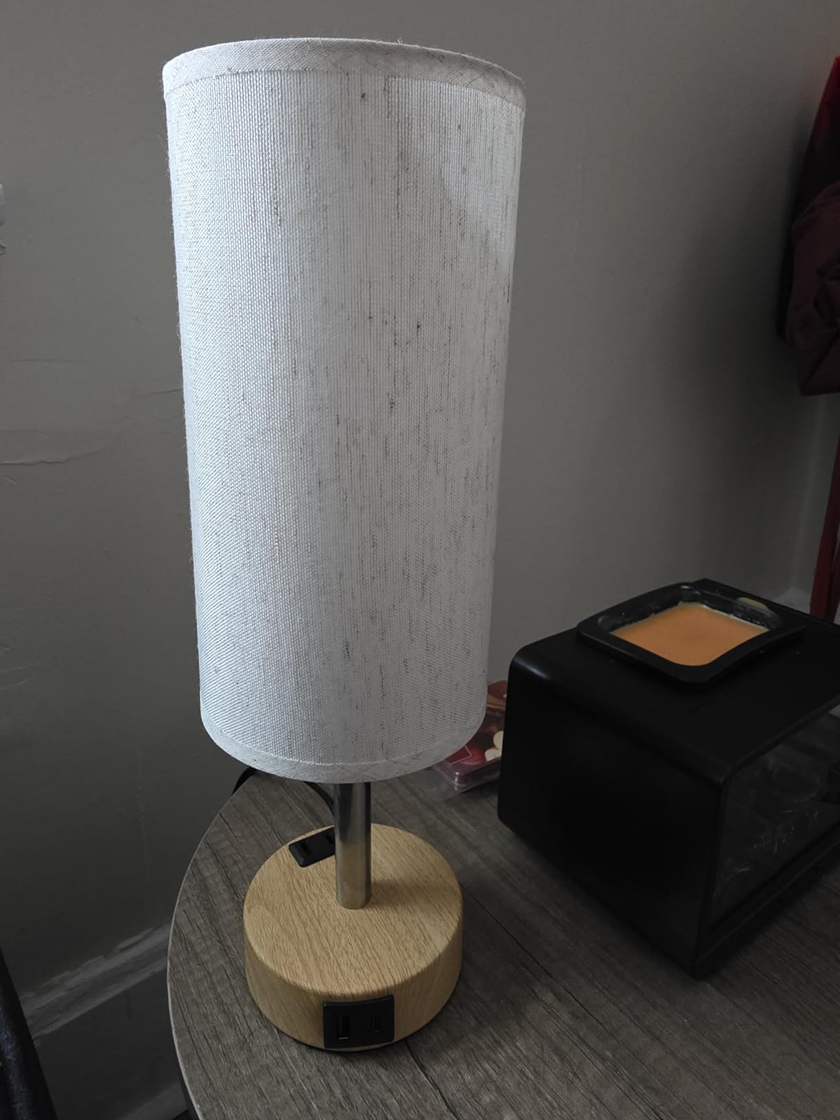 Fenmzee Bedside Table Lamp for Bedroom - Dimmable Touch, USB A+C, AC Outlet | 3-Way Dimmable, LED Bulb Included, Fabric Lampshade, Wood-Grain Metal Base, 14