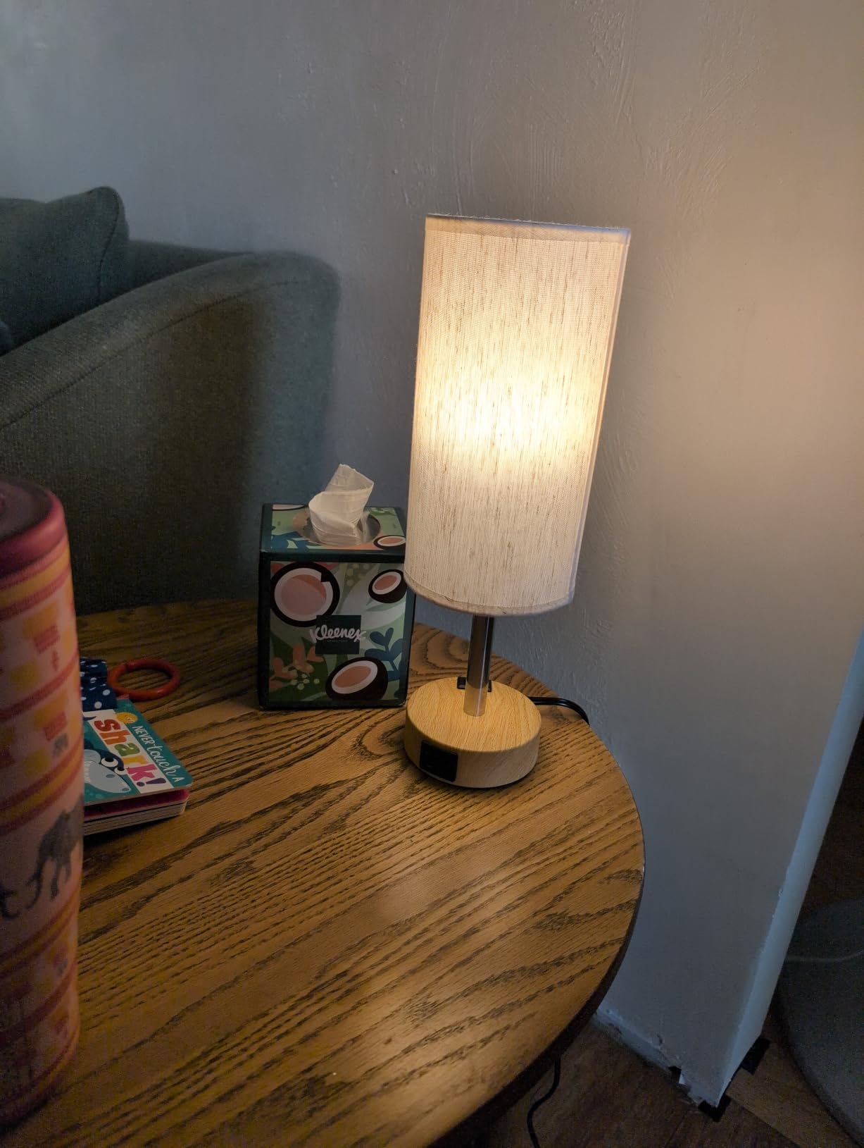 Fenmzee Bedside Table Lamp for Bedroom - Dimmable Touch, USB A+C, AC Outlet | 3-Way Dimmable, LED Bulb Included, Fabric Lampshade, Wood-Grain Metal Base, 14