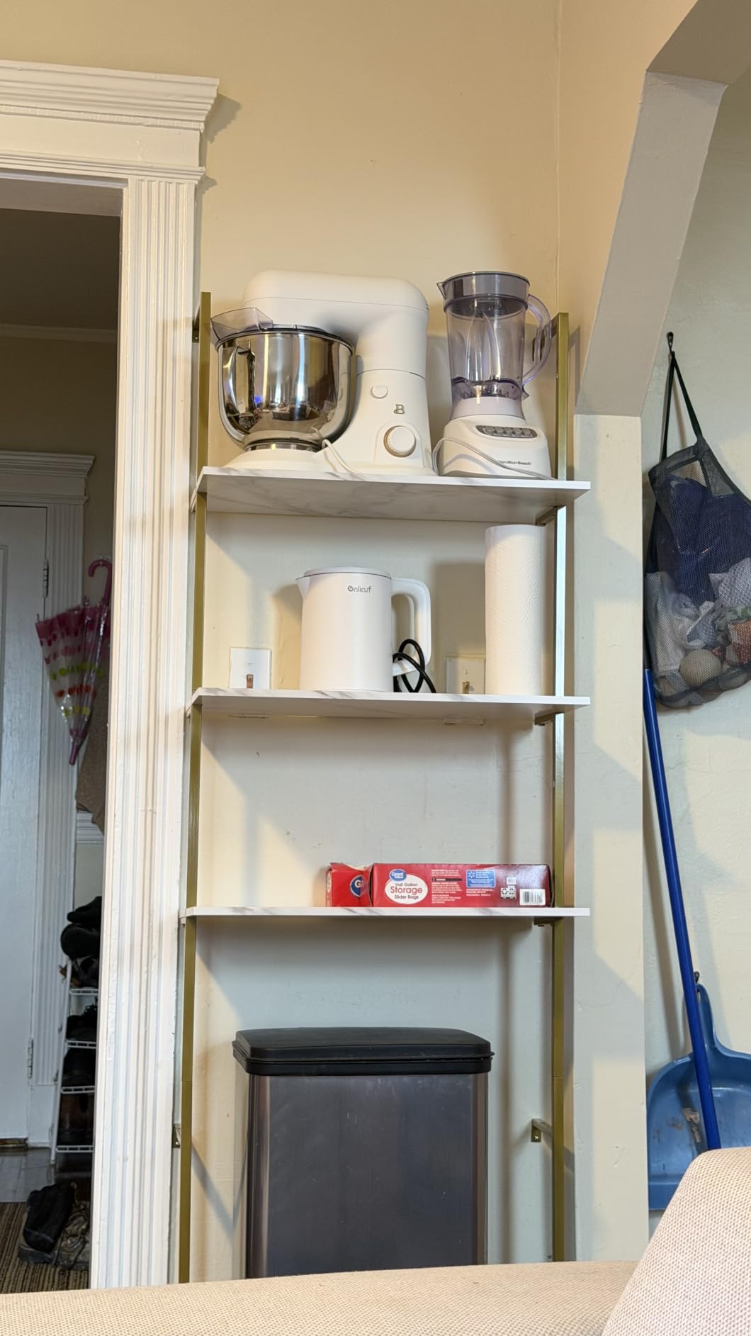 Wolawu Ladder Shelf 4 Tiers Metal Industrial Bookshelf, White Marble Wood Tall Open Storage Rack and Display Shelves, Wall Mount Wide Book Case for Home Office Bedroom, Small customer photo 1