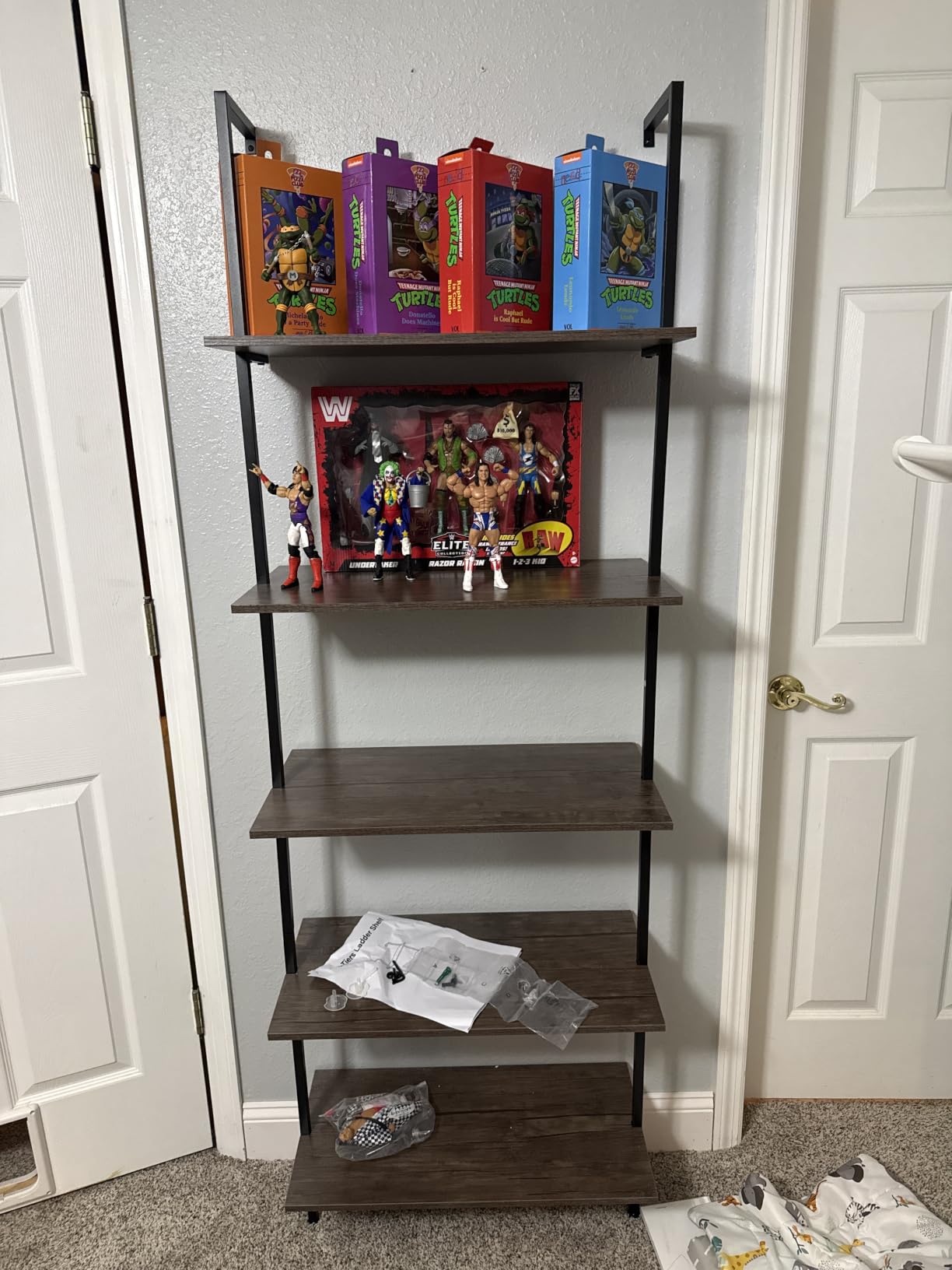 Wolawu Ladder Shelf 4 Tiers Metal Industrial Bookshelf, White Marble Wood Tall Open Storage Rack and Display Shelves, Wall Mount Wide Book Case for Home Office Bedroom, Small customer photo 2