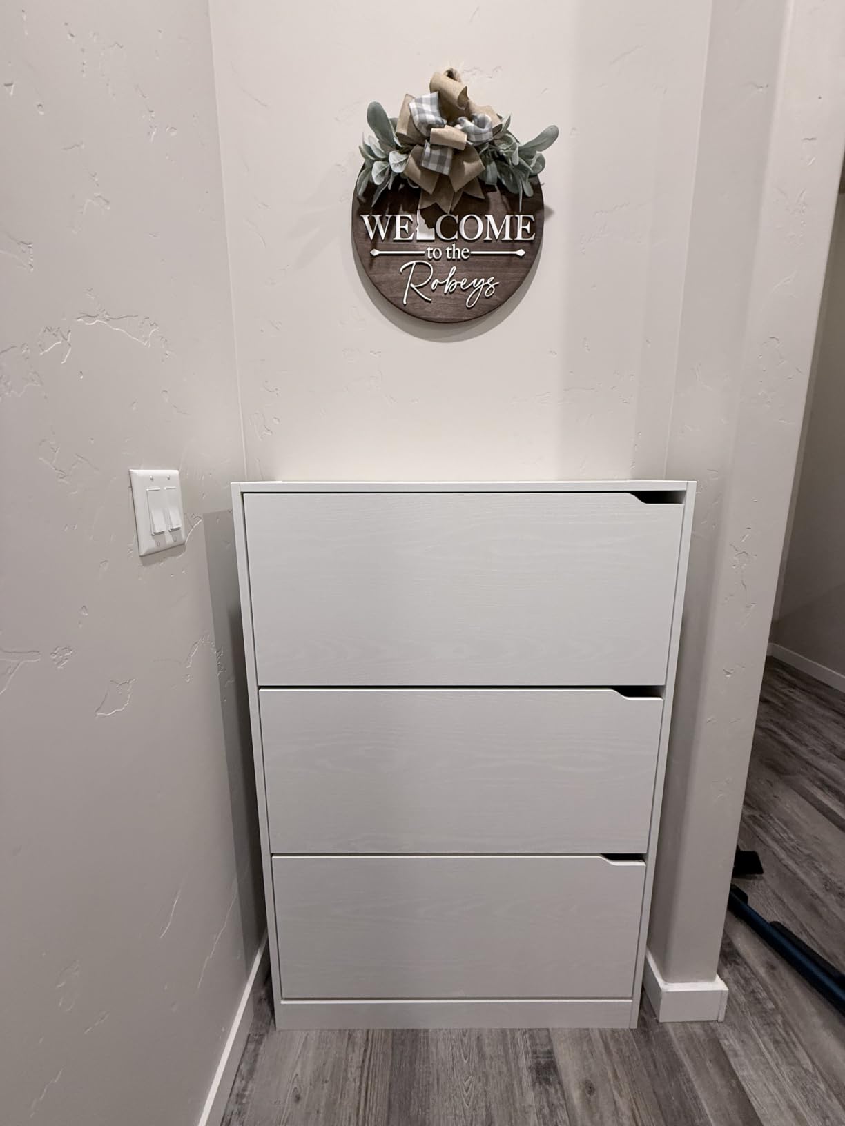 BORNOON Shoe Cabinet with 3 Flip Drawers, Hidden Wood Shoe Cabinet, Freestanding Shoe Storage Cabinet for Entryway Hallway. White. 47.2
