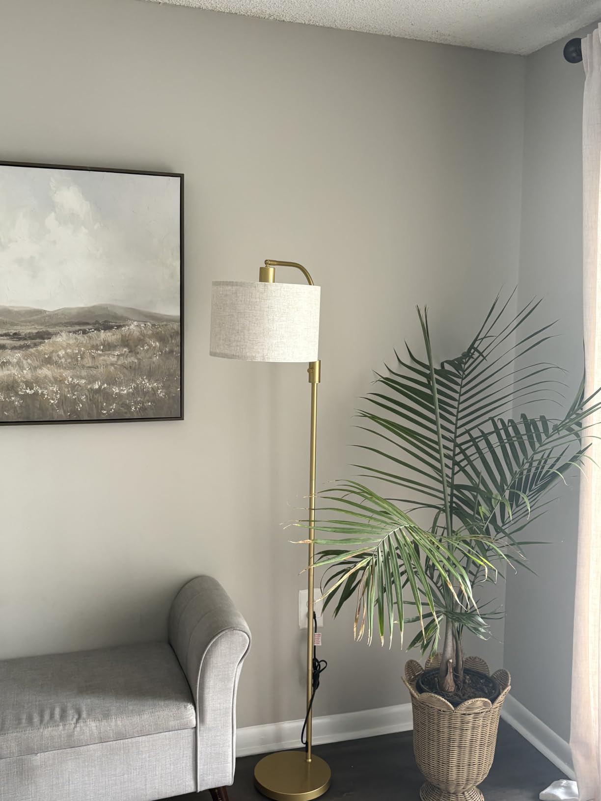 Nintiue Upgraded Modern Arc Dimmable Tall Standing Floor Lamp with Linen Shade, 1200 Lumens LED Bulb Included, for Living & Reading Room, Bedroom, Office & Nursery, Gold customer photo 1