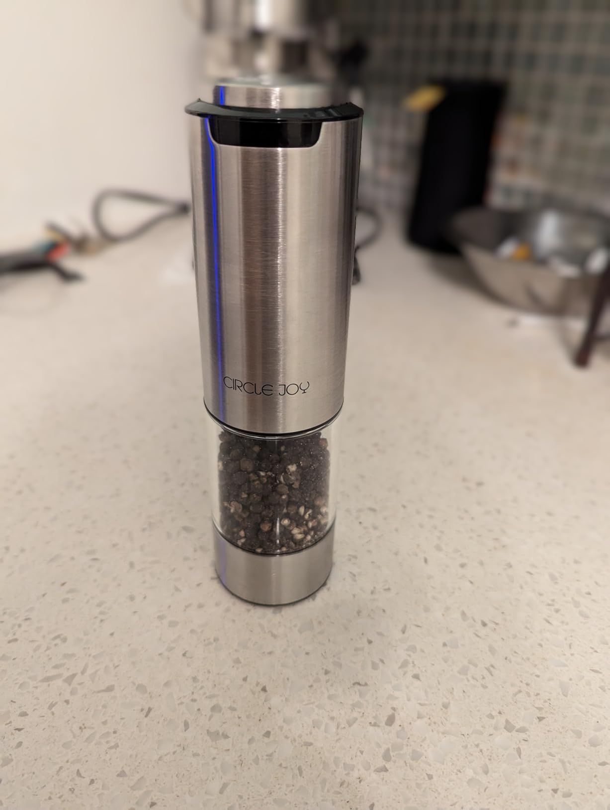 CIRCLE JOY Electric Pepper Grinder Stainless Steel Rechargeable Pepper Mill with External Adjustable Coarseness, 95ml Container and White LED Light, Silver customer photo 1