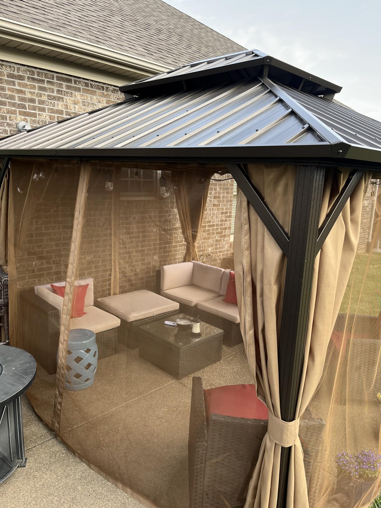 EROMMY 10' x 12' Hardtop Gazebo, Aluminum Frame Gazebos with Galvanized Steel Double Roof, Permanent Outdoor Metal Pavilion with Curtain and Netting for Patio, Lawn, Deck customer photo 1