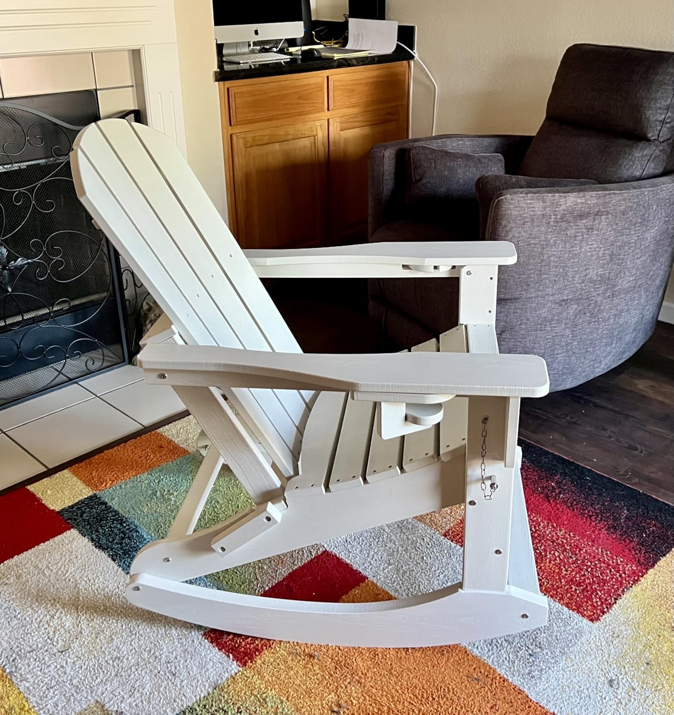 KINGYES Adirondack Rocking Chair Set of 2 with Retractable Ottoman and Cup Holders, HDPE Adirondack Rocker Patio Rocking Chair for Porch, Patio, Balcony, Black customer photo 2