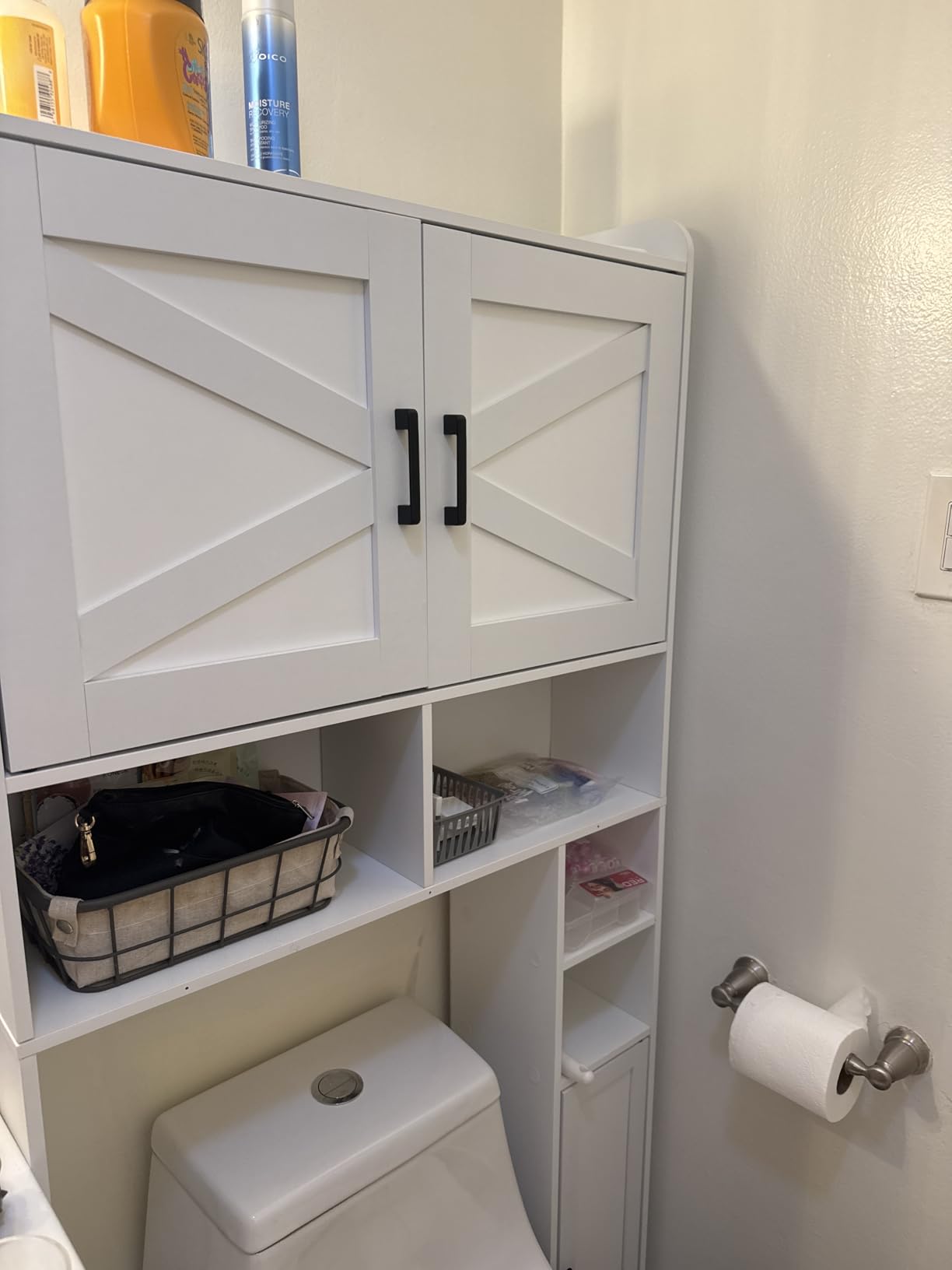 Homhedy Wooden Over The Toilet Storage Cabinet with Barn Door | Freestanding Bathroom Storage, Toilet Paper Holder, Adjustable Shelf, Space-Saving, Farmhouse Style, White customer photo 1