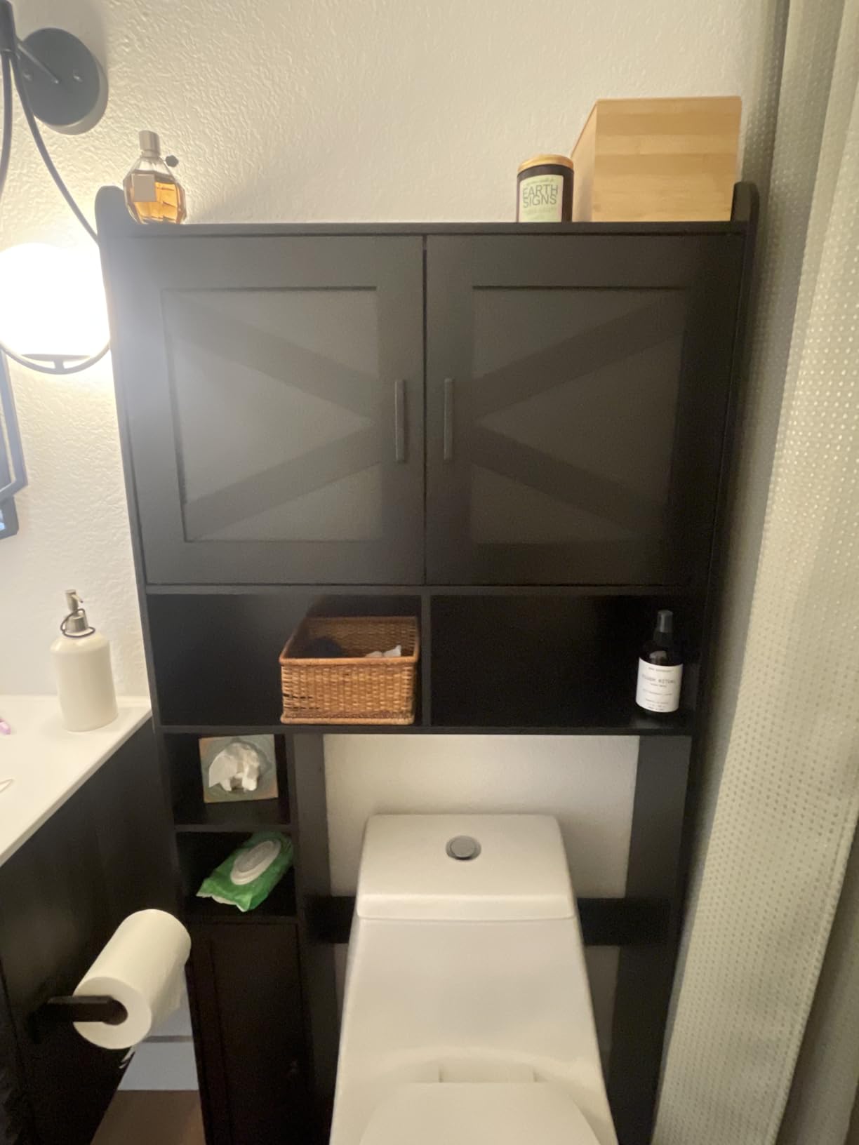 Homhedy Wooden Over The Toilet Storage Cabinet with Barn Door | Freestanding Bathroom Storage, Toilet Paper Holder, Adjustable Shelf, Space-Saving, Farmhouse Style, White customer photo 2