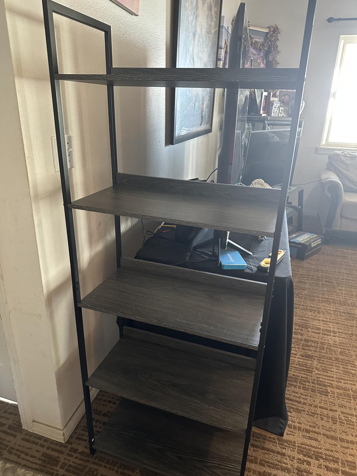 NUMENN Narrow Bookshelf, 5 Tier Freestanding Shelving Unit, Vintage | Metal Frame & Wood Shelves, Falling Prevention Baffle, Open Storage Bookcase for Bedroom, Living Room & Home Office customer photo 2