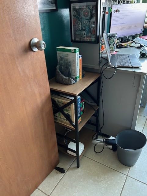 MNEETRUNG Small Bookshelf, 4 Tier Industrial Bookcase with Metal Frame and Backboard, Narrow Rustic Brown Book Shelf, Book Case for Small Spaces, Living Room, Bedroom and Home Office customer photo 2